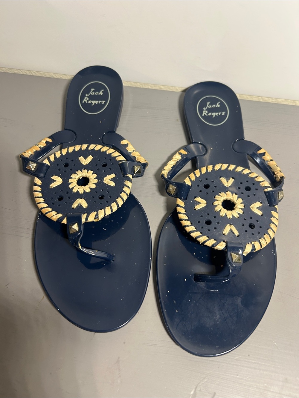Jack Rogers Navy Blue Braided Medallion Thong Sandals